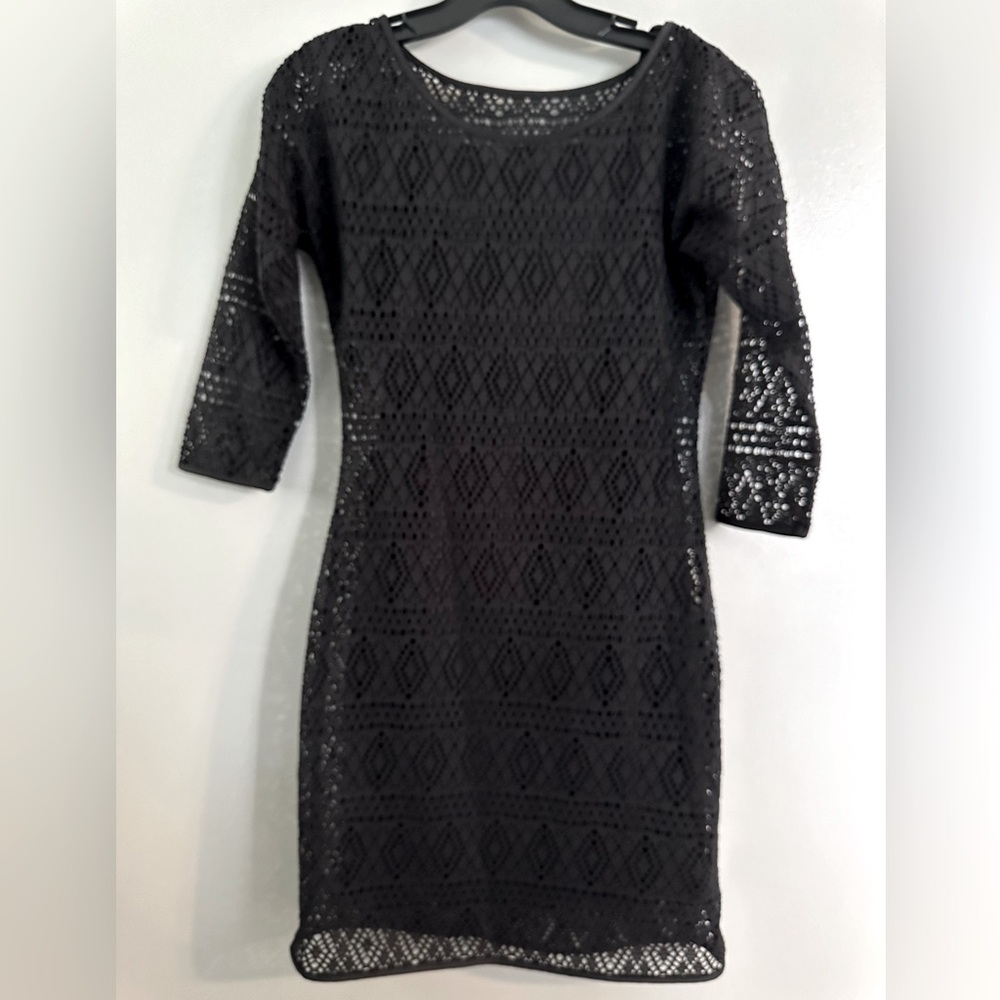 3/4 Sleeve Black Eyelet Mini Dress
